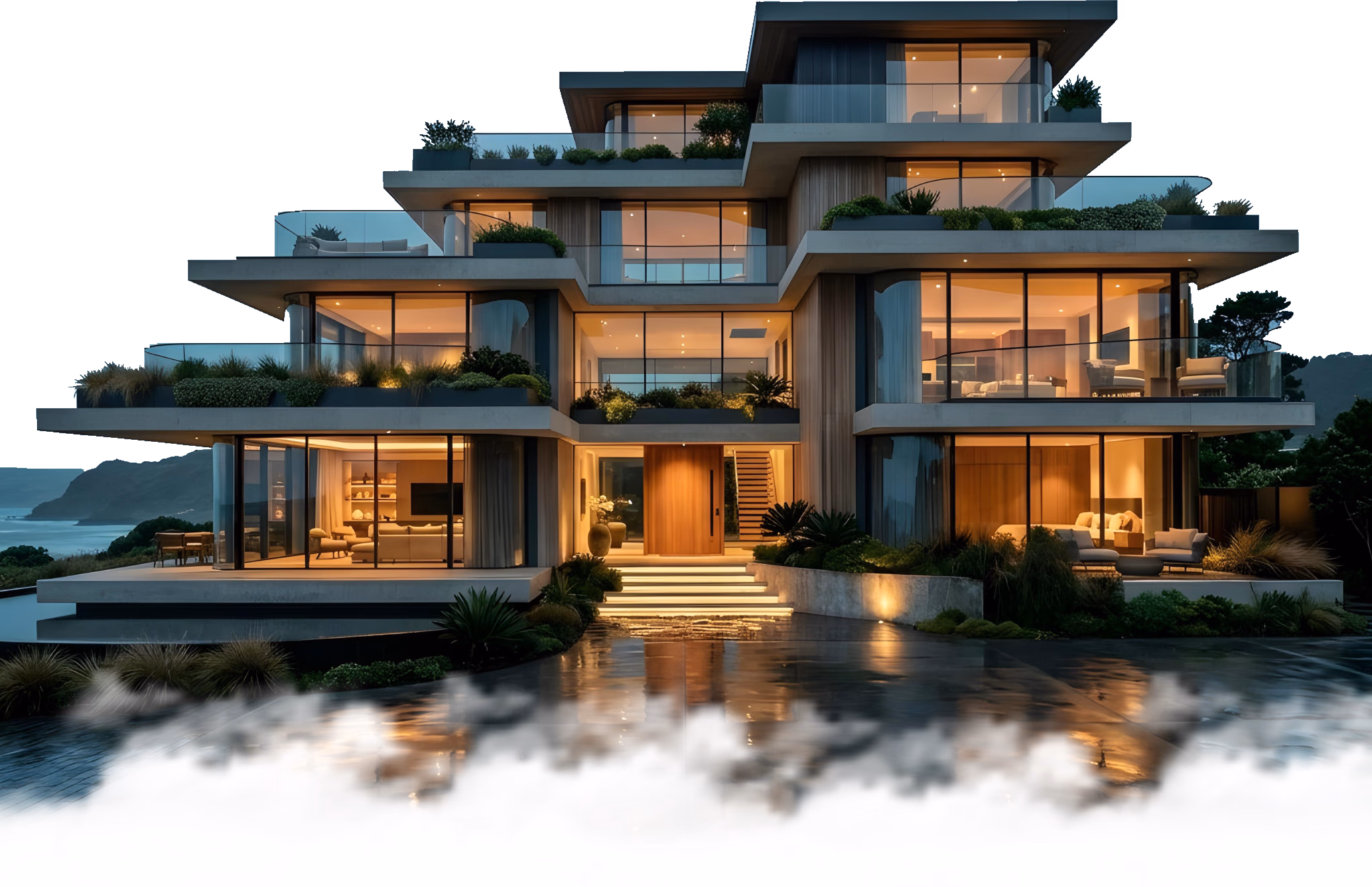 Modern multi-level home with large glass windows and layered terraces at dusk.