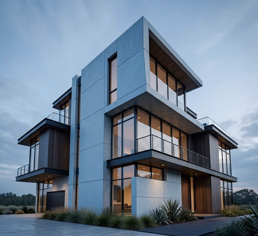 Modern three-story house with large glass windows at dusk.