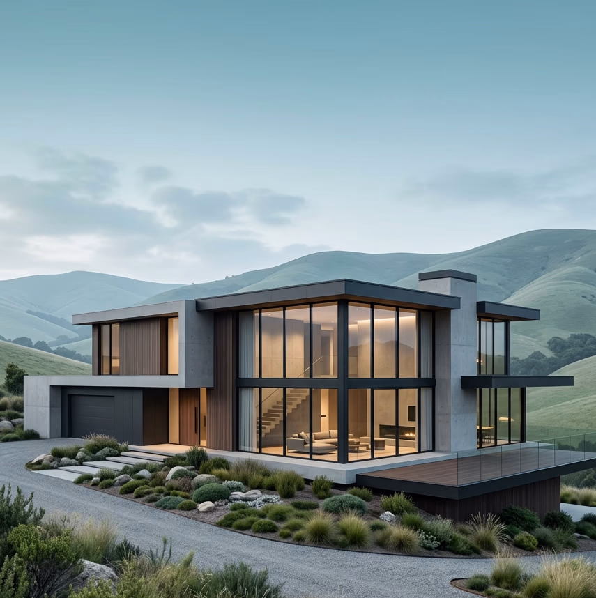 Modern glass house with hillside view and landscaped garden.